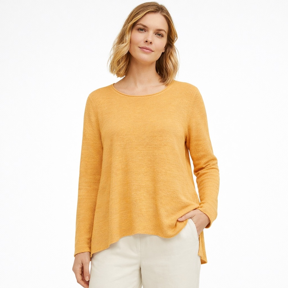Eileen Fisher Organic Linen Pullover Sweater Asym Hem Knit Rolled Yellow Gold L